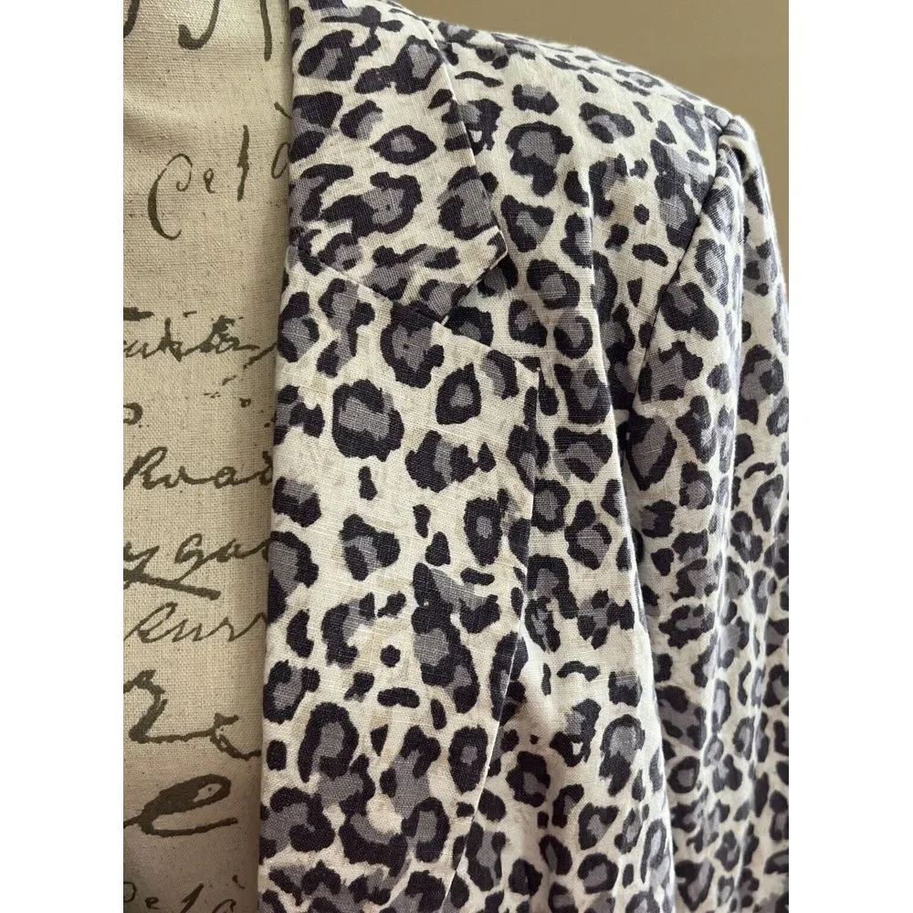 New Rachel Zoe Jacket Womens Beige Gray Leopard Print Blazer Linen Blend Size XL